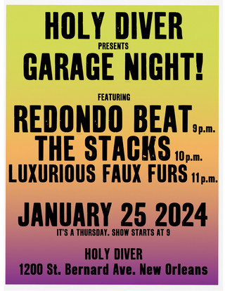 The Stacks play January 25 at Holy Diver (the old Sidney's Saloon).