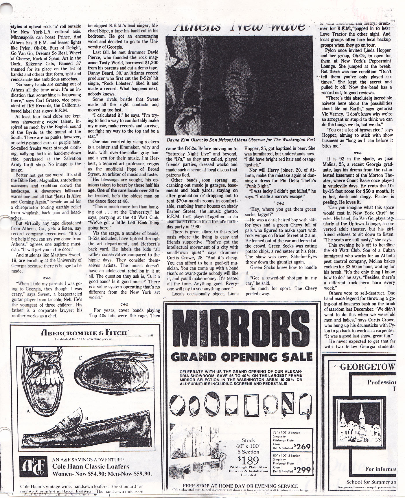 old xerox of article interviewing David Rhoden about Athens music, page 1