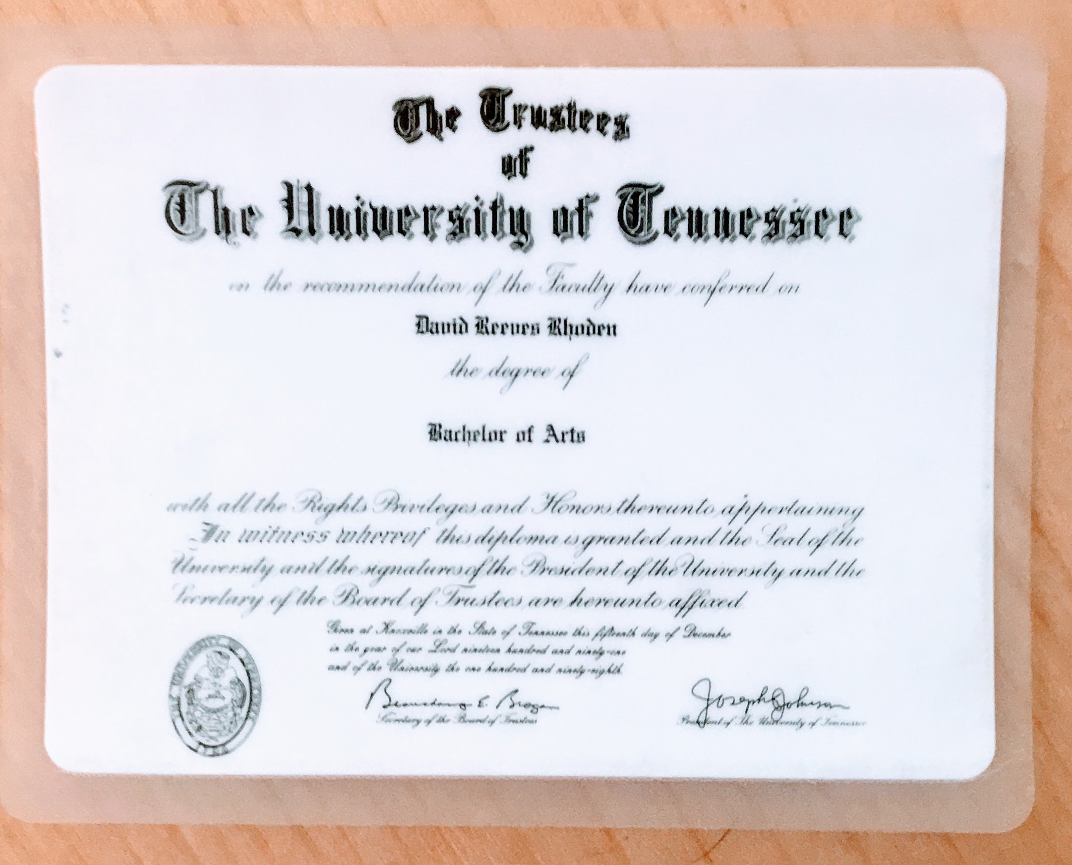 a miniature diploma for a Bachelor of Arts from the University of Tennessee