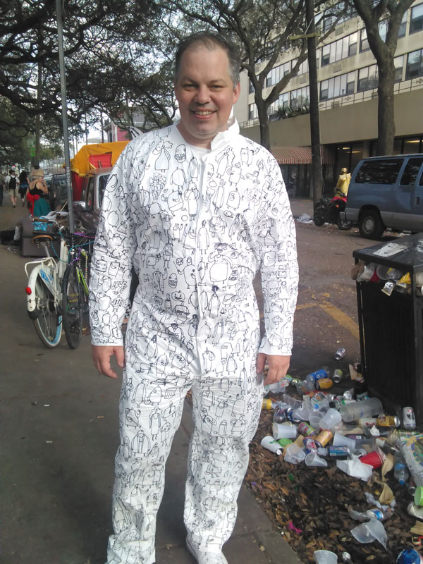 David Rhoden in handmade Mardi Gras suit, New Orleans, 2017