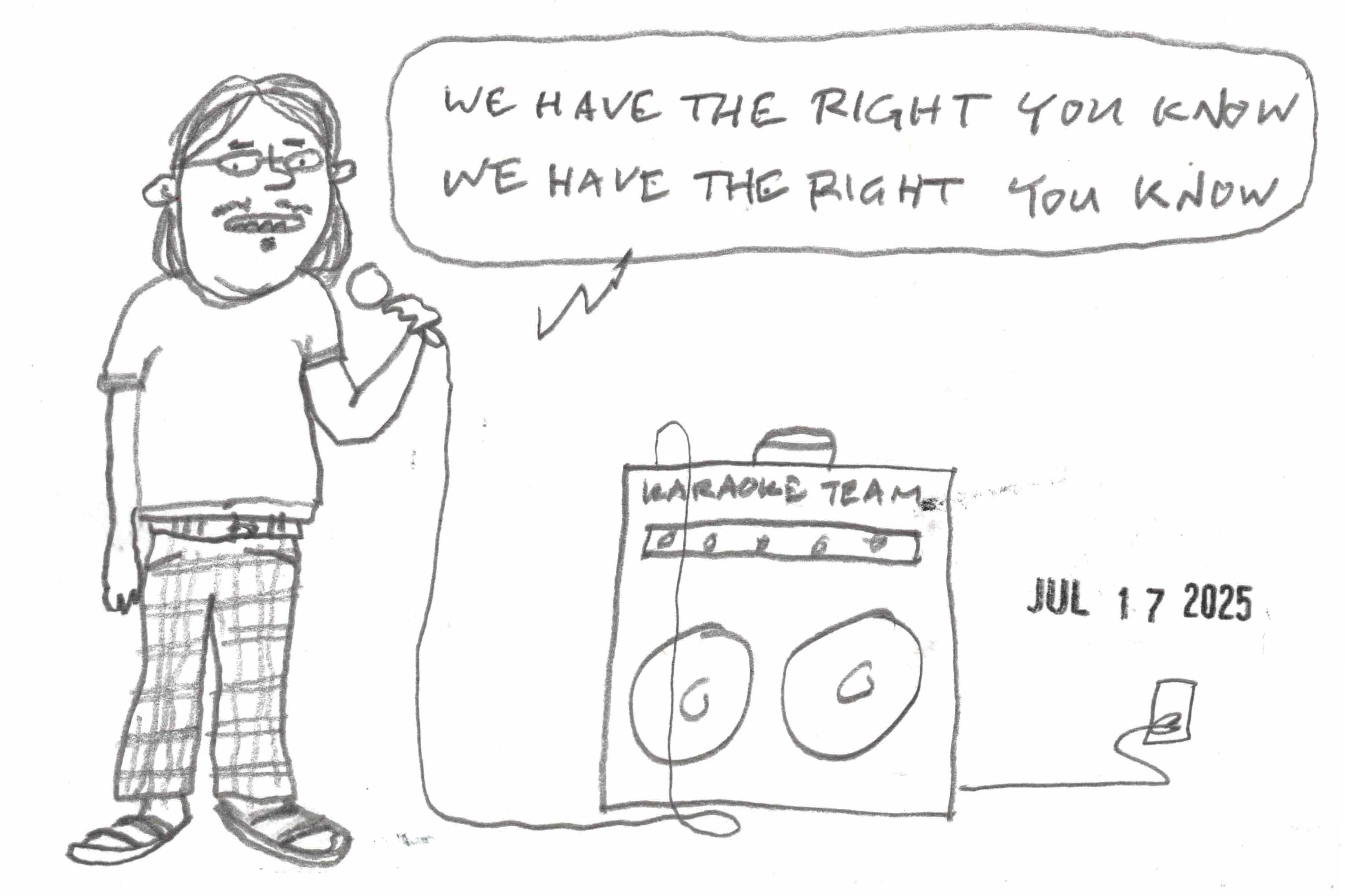 cartoon by Dave Rhoden of a man singing lyrics from "The One That You Love" by Air Supply on a home karaoke machine