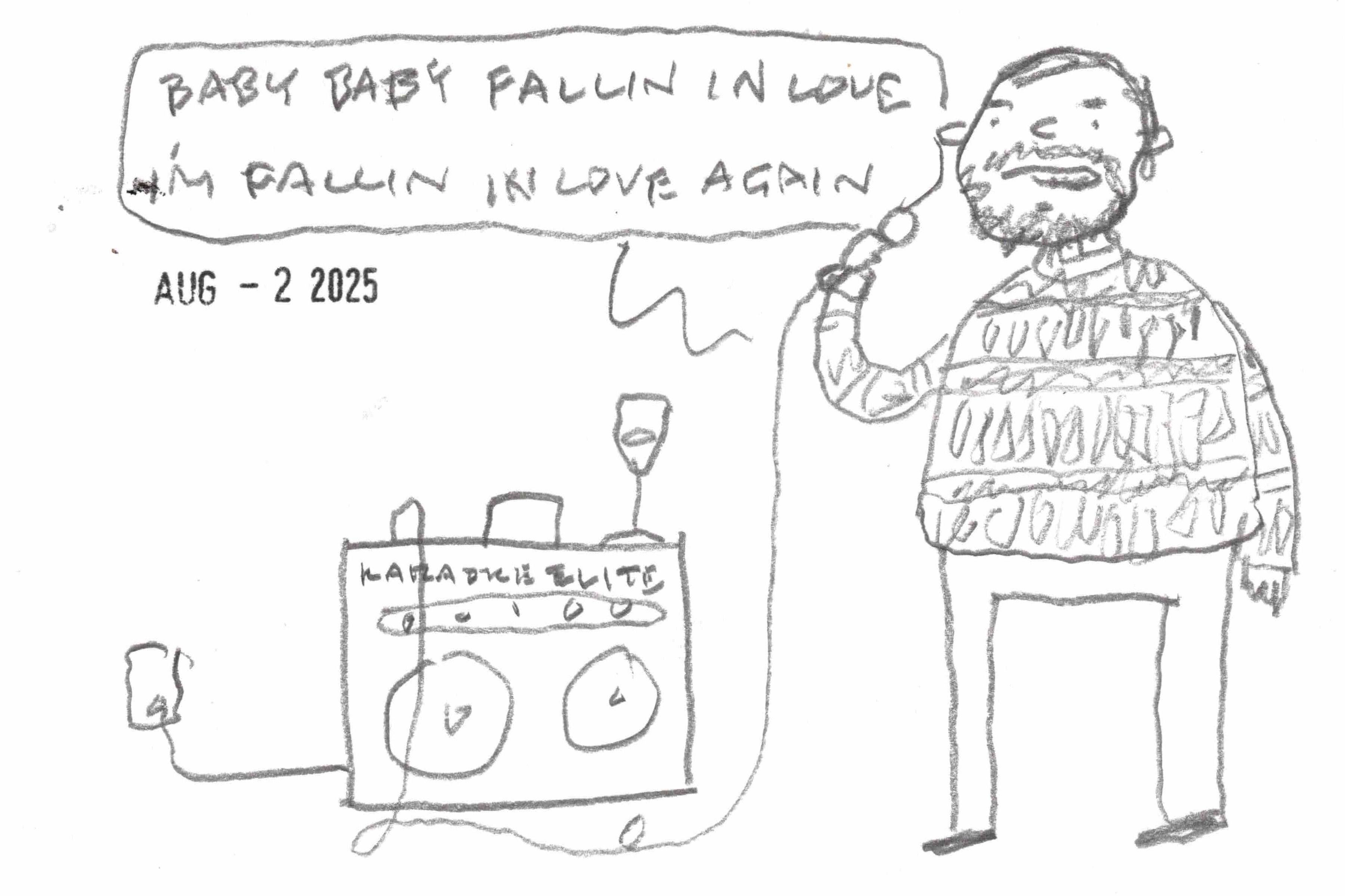 cartoon by Dave Rhoden of a woman singing lyrics from "Baby Baby Fallin' In Love" on a home karaoke machine