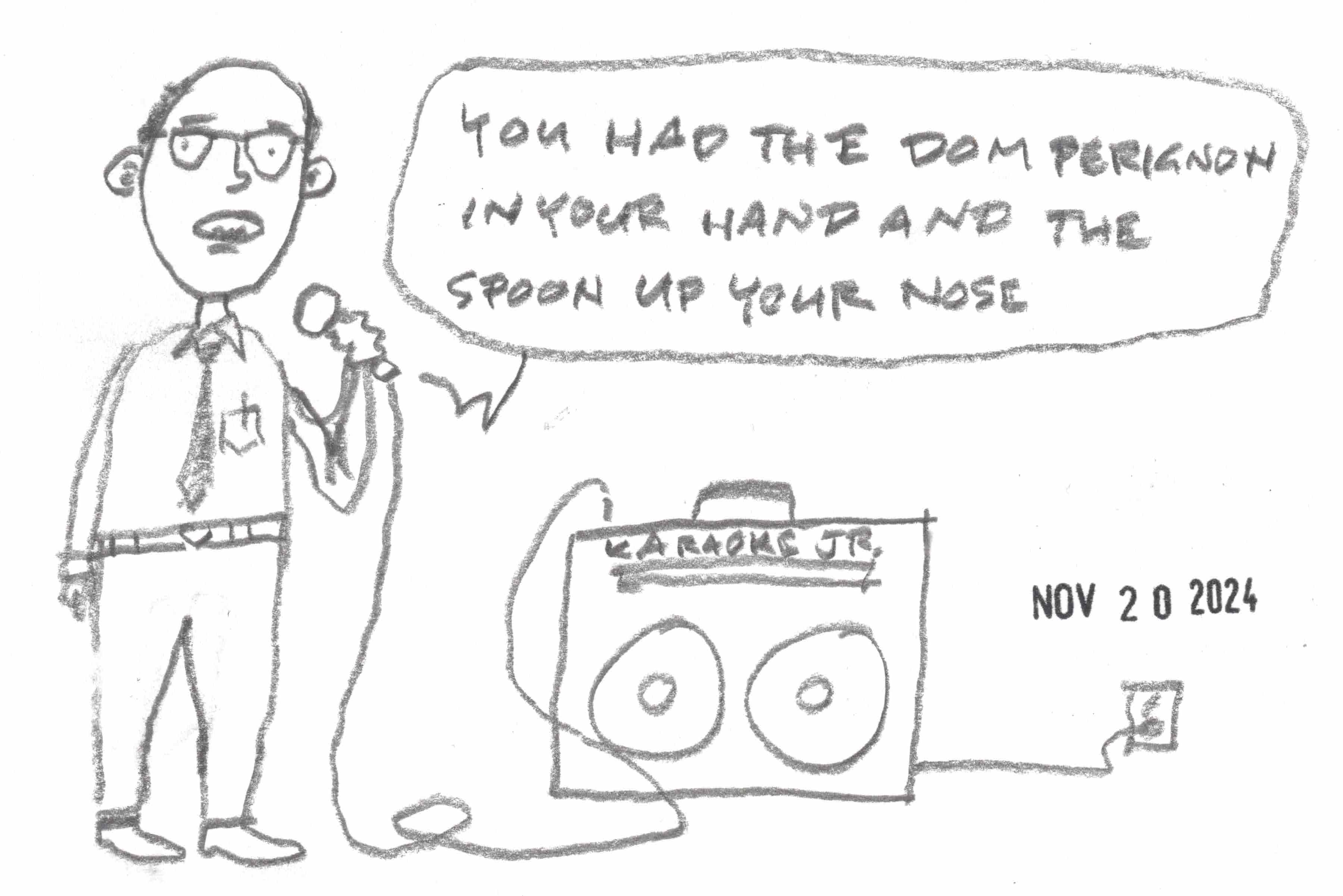 cartoon of man singing "Big Shot" at karaoke, by David Rhoden