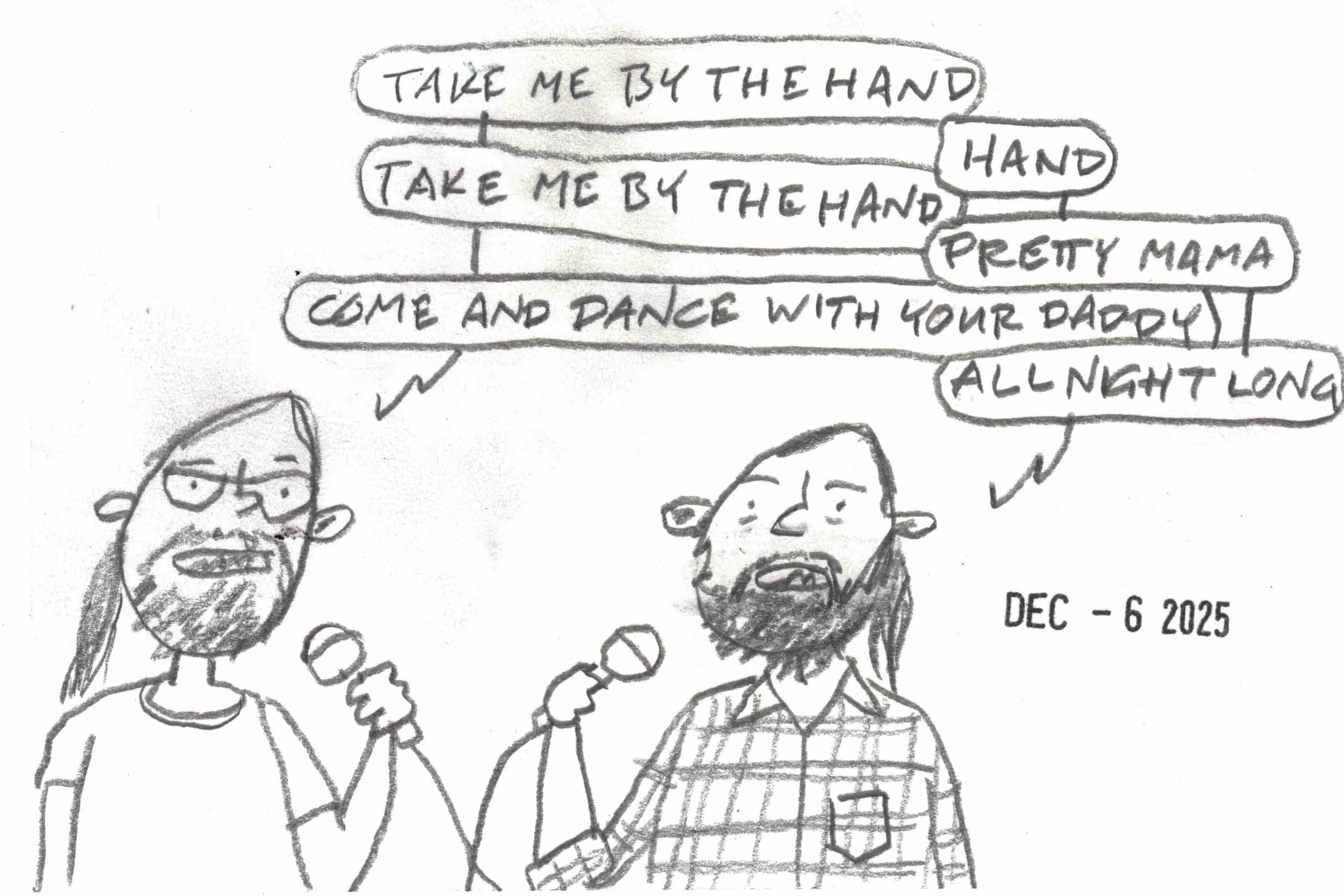 two dudes with pony tails singing "Black Water" togeether at karaoke