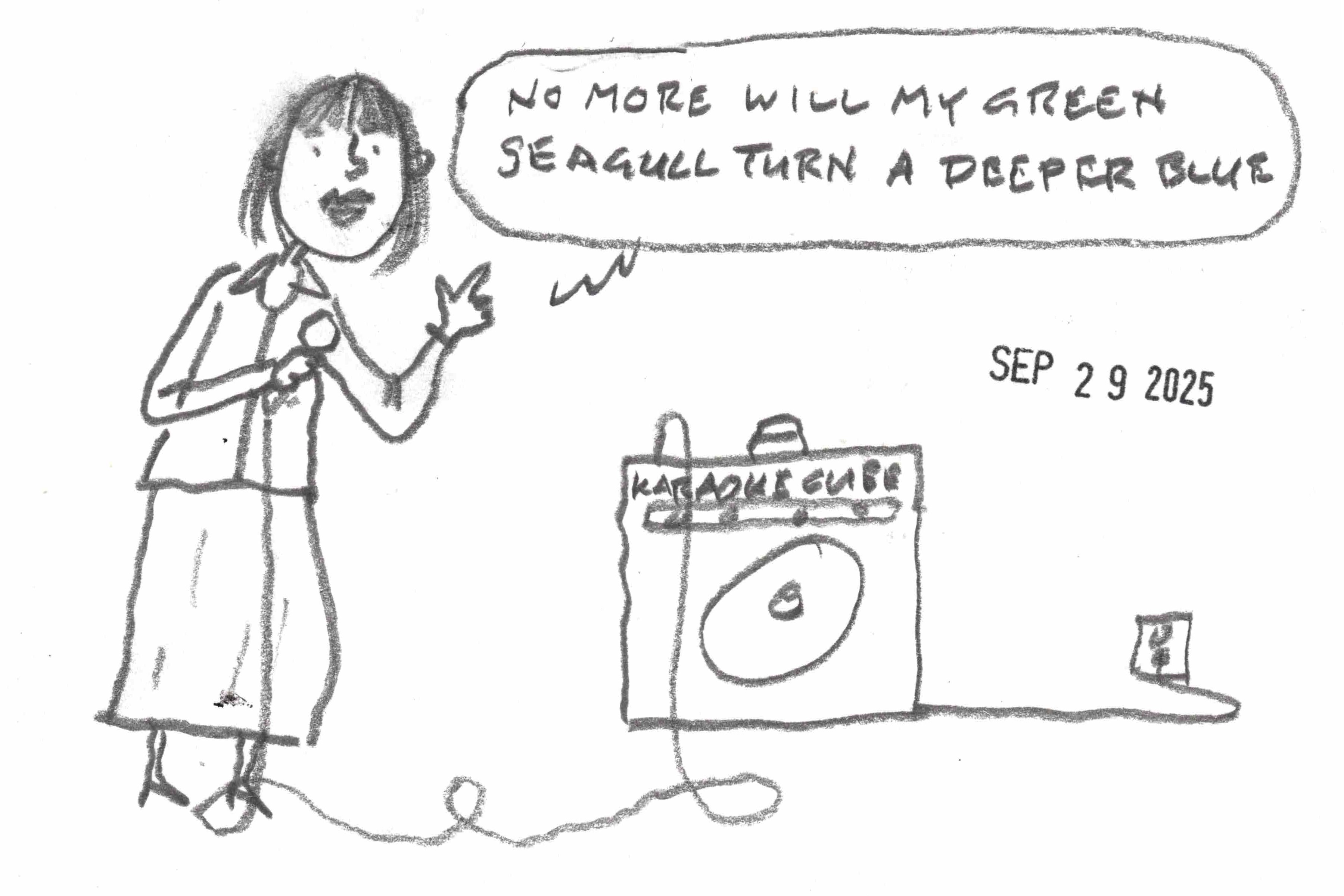 cartoon by Dave Rhoden of a woman singing lyrics from "Paint It, Black" on a home karaoke machine