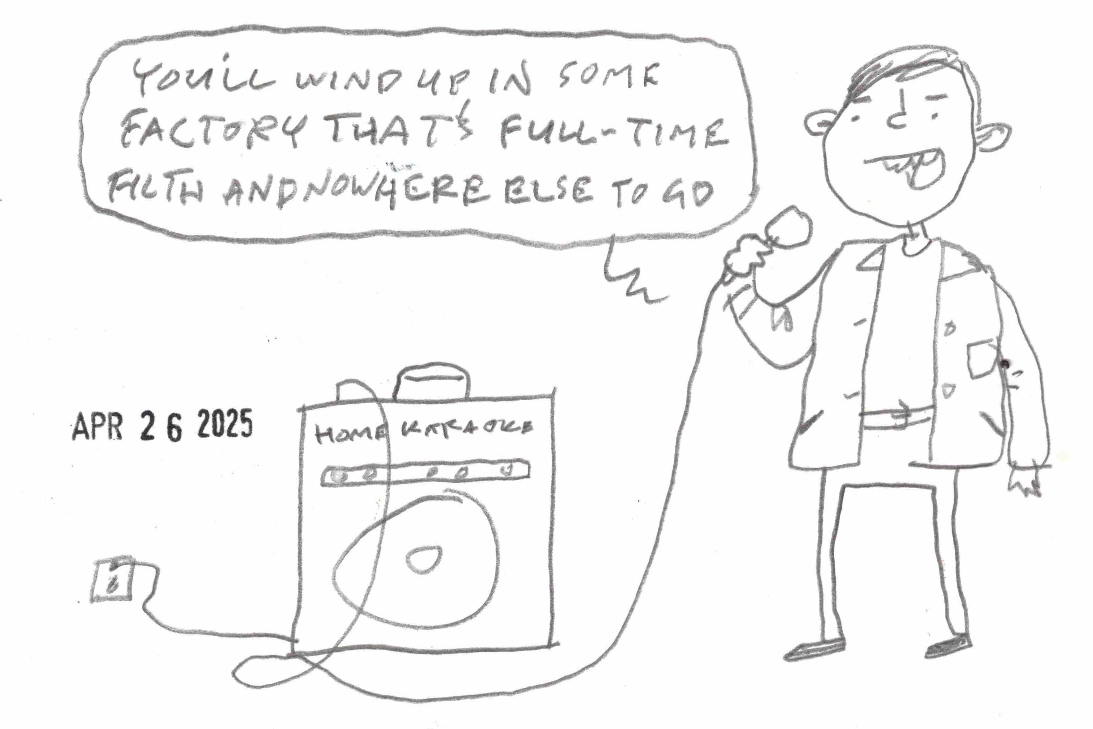 cartoon by David Rhoden of man singing "Don't Go Back To Rockville" lyrics on a home karaoke machine