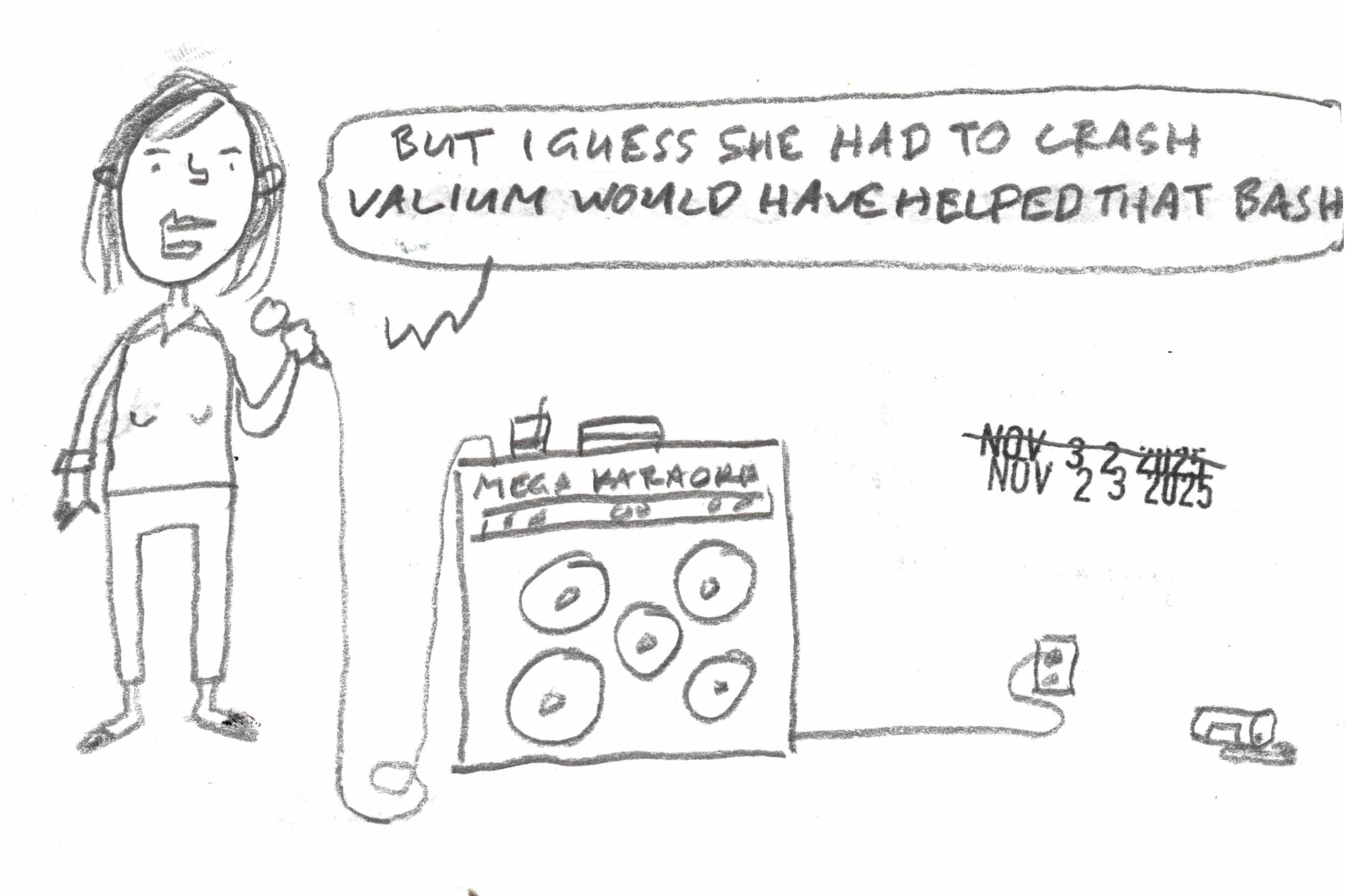 cartoon of woman singing "Walk On the Wild Side" on an imaginary home karaoke machine