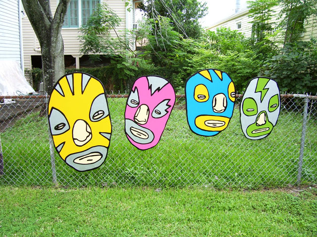 four luchador heads, paintings by David Rhoden, September 24, 2007.