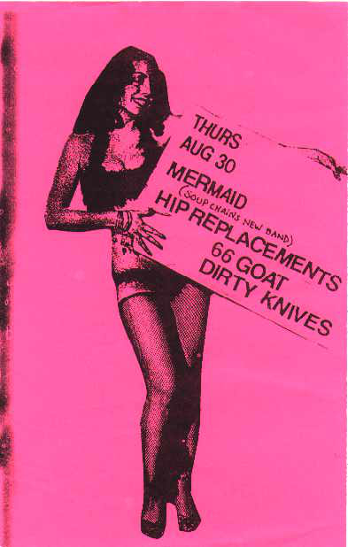 Flyer for Dirty Knives at Mermaid Lounge with 66 Goat and Hip Replacements, August 30, 2001.