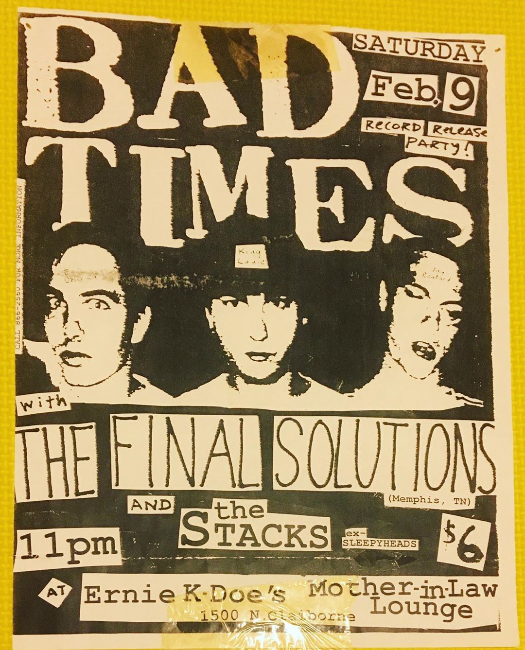 Flyer for Bad Times and Stacks at Ernie K-Doe's Mother-In Law Lounge