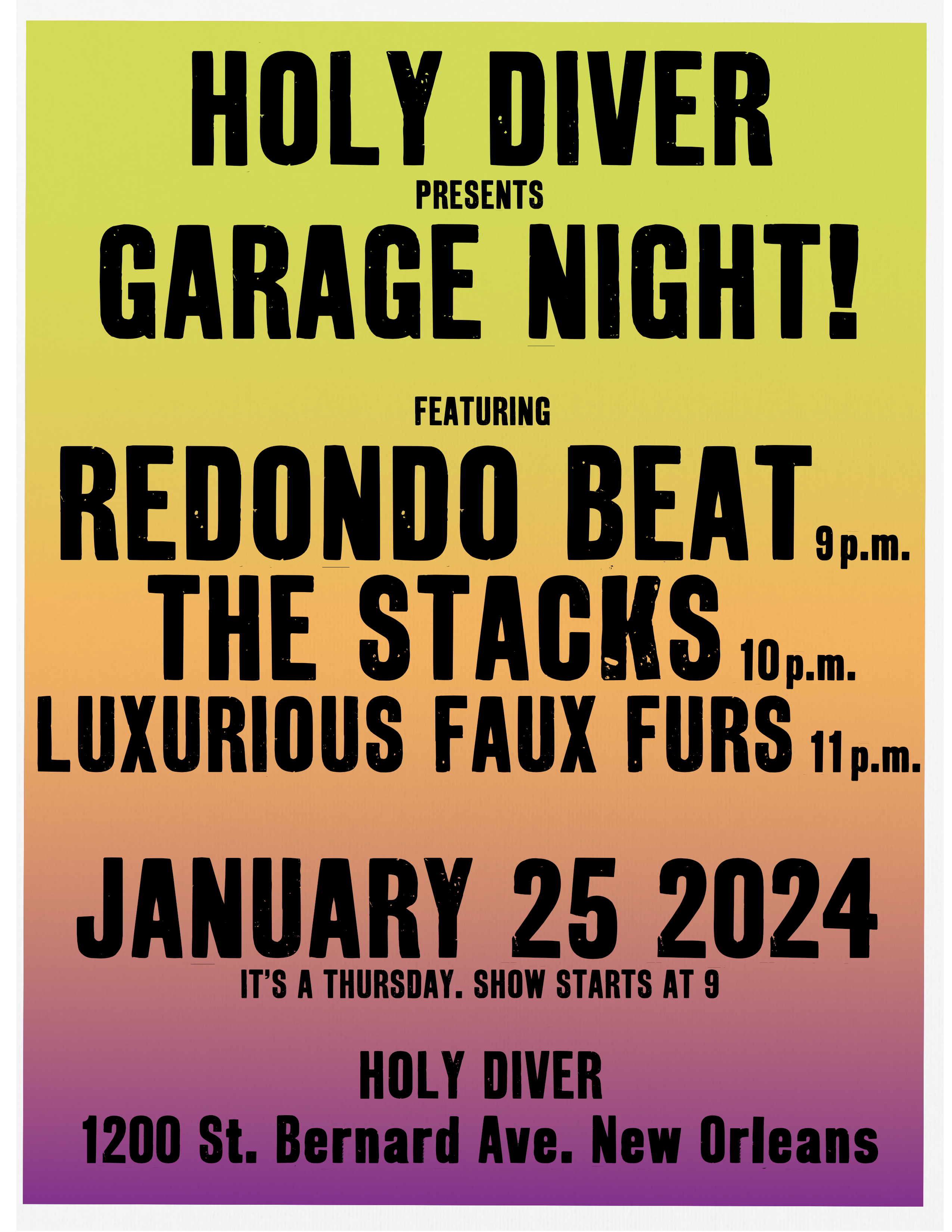 Poster for Stacks at Holy Diver, January 25, 2024.