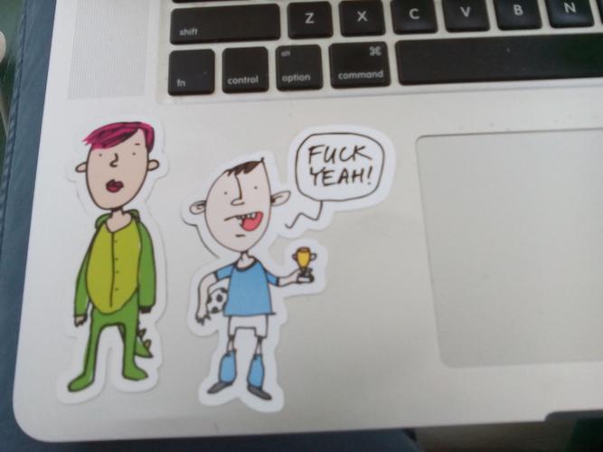stickers on a laptop sent by Ron R. sketchbook entry by David Rhoden