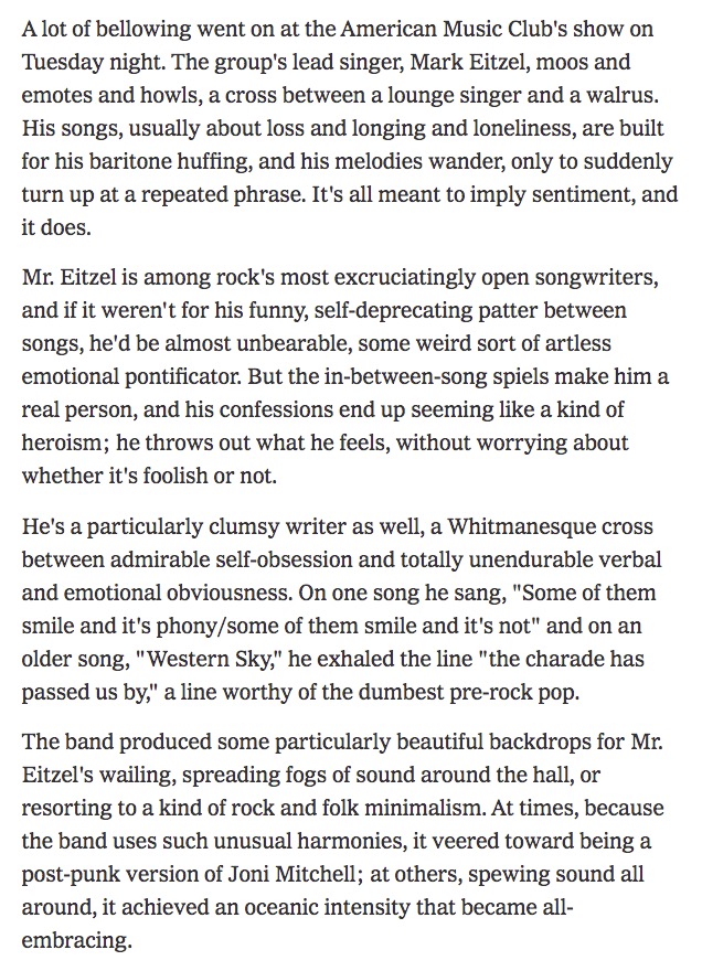 NYT review of American Music Club 1993 Irving Plaza show by Peter Watrous