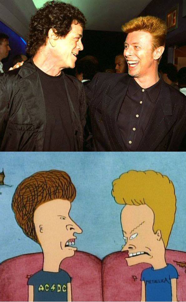 juxtaposition of pics of Lou Reed and David Bowie with similar pose of Beavis and Butthead