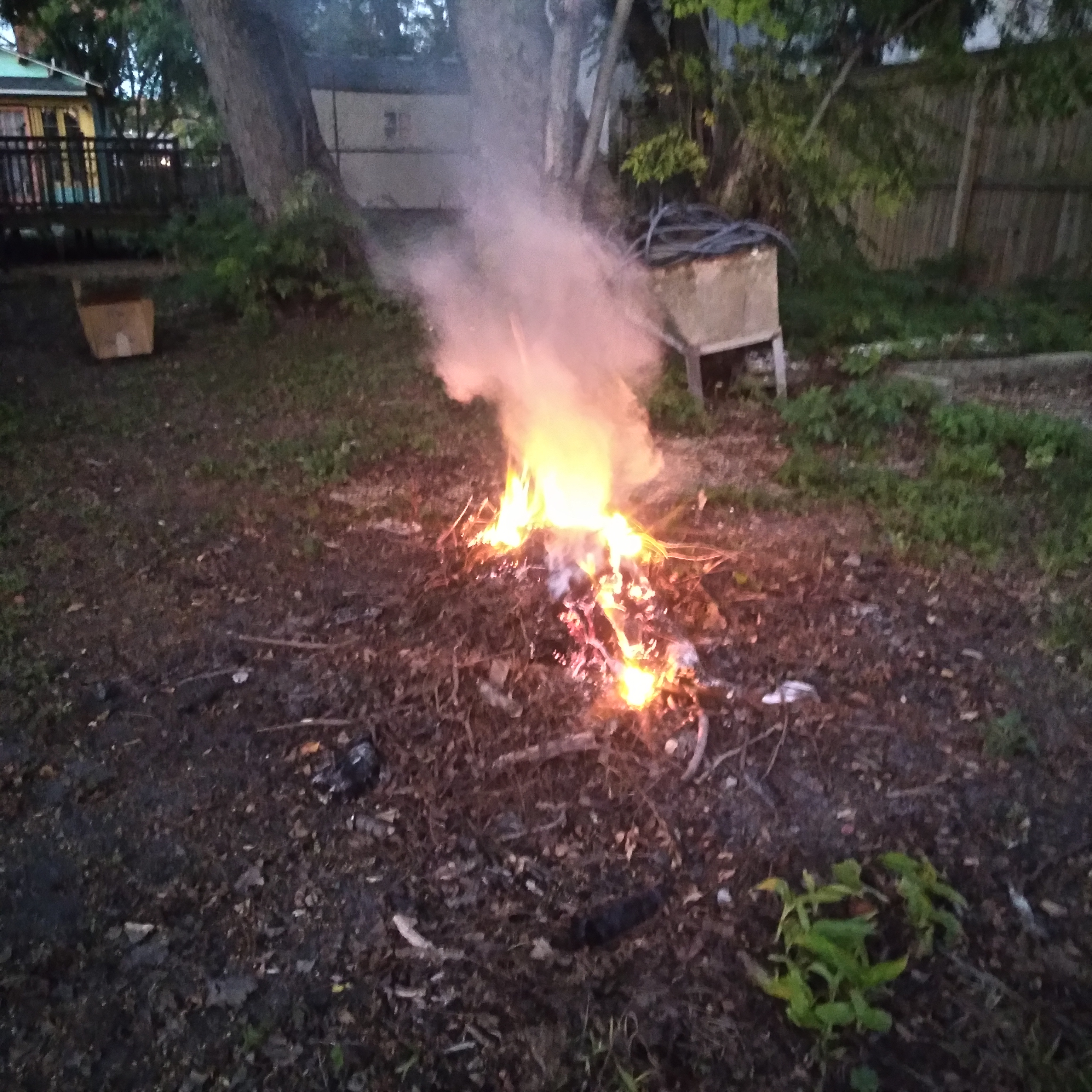 a bonfire at 315 Tricou Street, New Orleans, October 12, 2021.