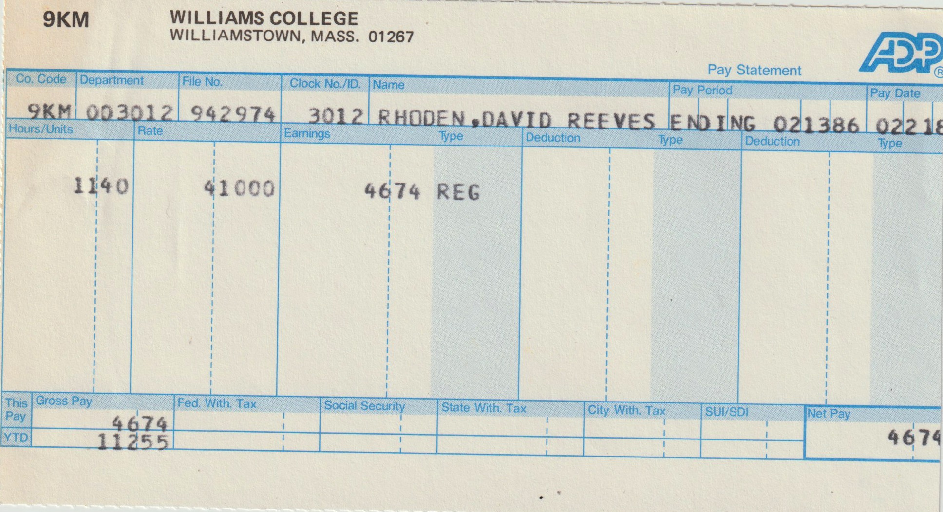 pay stub from Williams College dining hal, 1986.