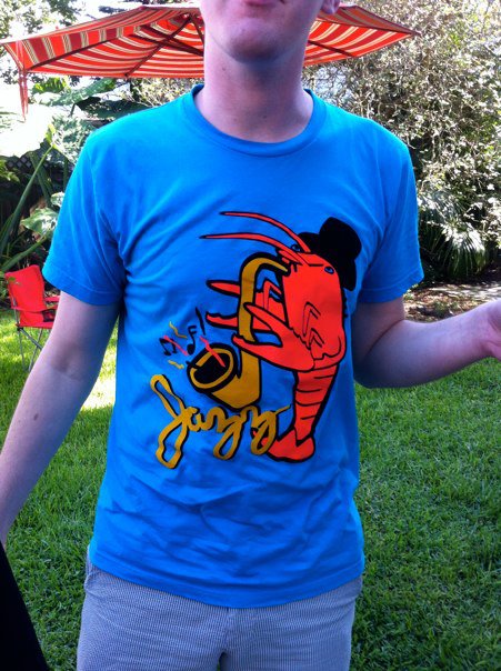 Alex Hemard wearing jazz crawfish t-shirt to iSeatz picnic, June 17, 2012.