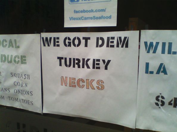Sign saying We Got Dem Turkey Necks.